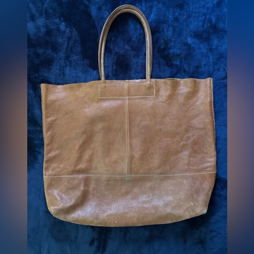 Banana Republic XL Pinking Shears Lambskin Brown Leather Shoulder Tote Bag
